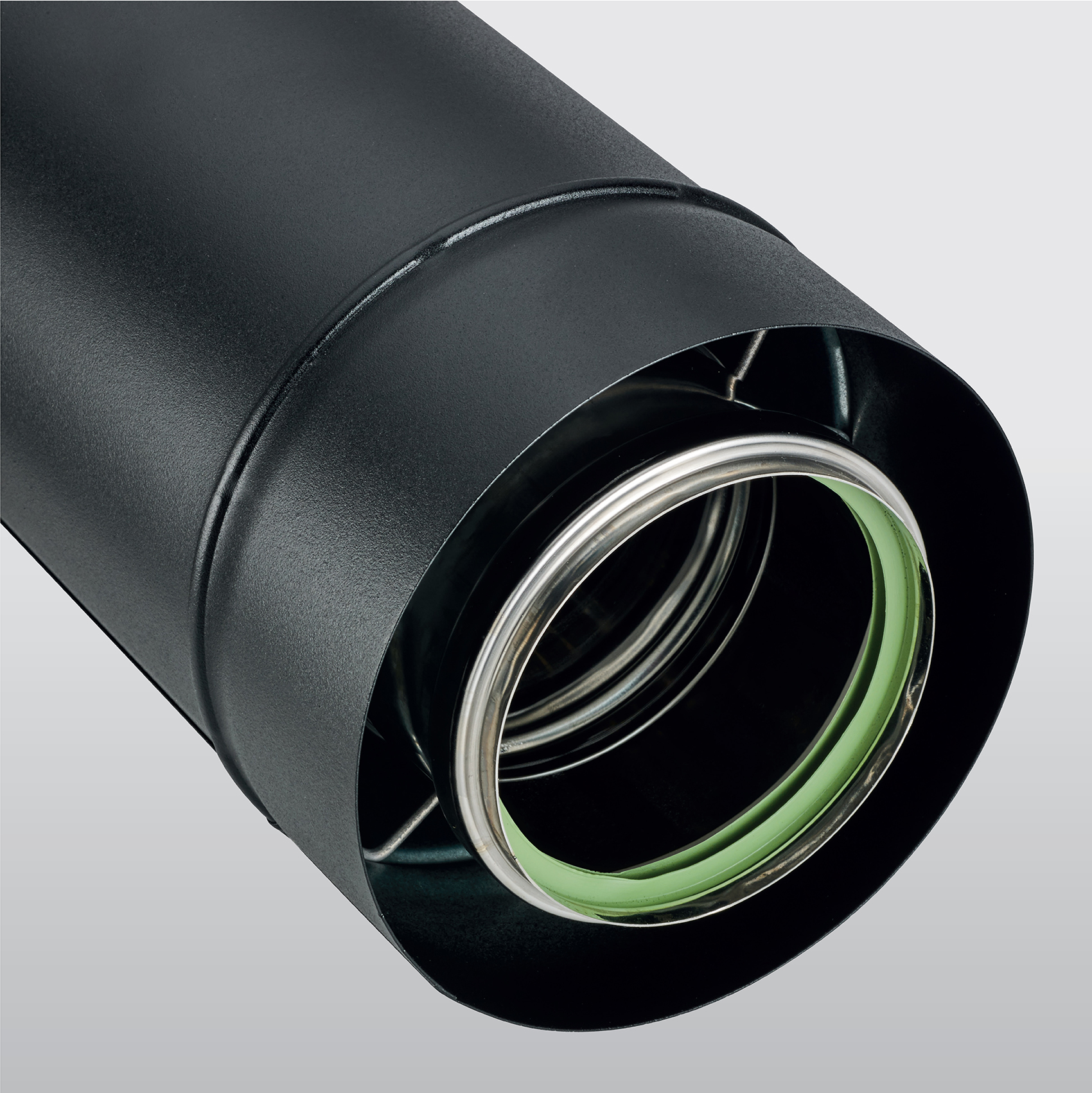 Zoom sur un conduit de la gamme BIOTEN, composé d'une paroi intérieure en inox 316 et d'une paroi extérieure en acier galvanisé noir