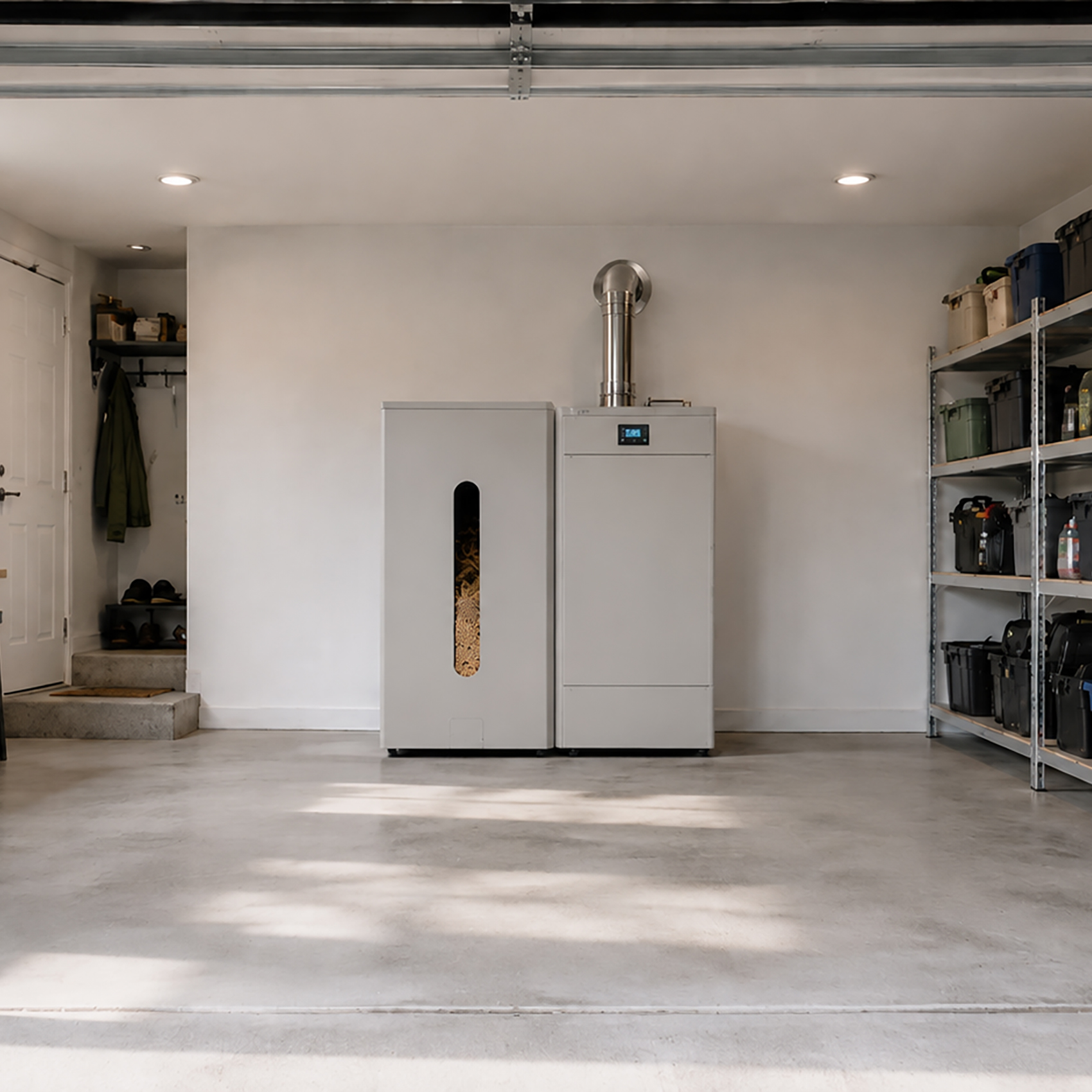 Représentation d'un garage avec une chaudière à pellets